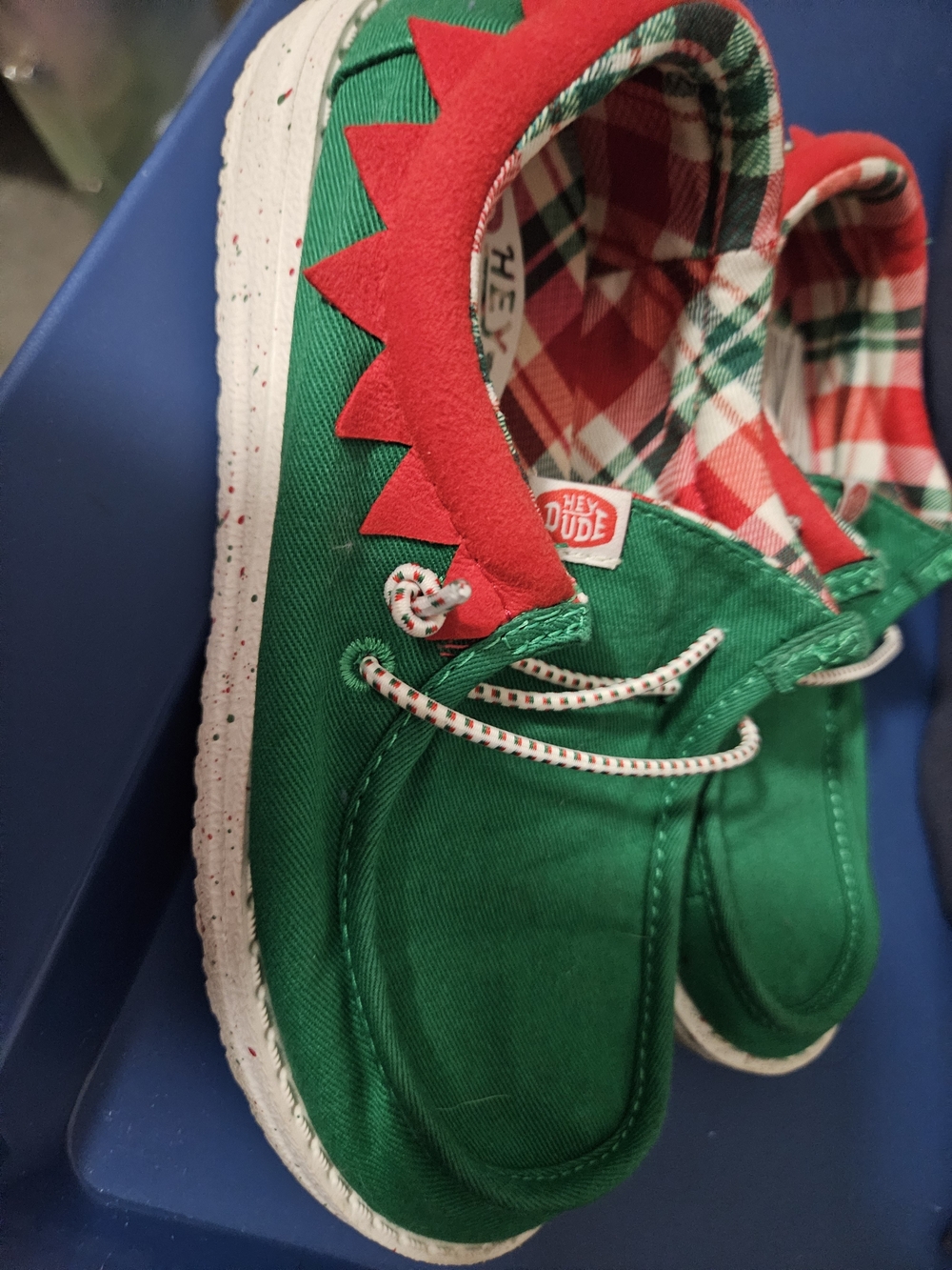 Hey Dude "Elf" Kids Green & Red Plaid Lined Slip-On Sneakers